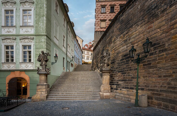 Radnicke schody Stairs at Mala Strana with St Joseph and St John of Nepomuk statues - Prague, Czech Republic