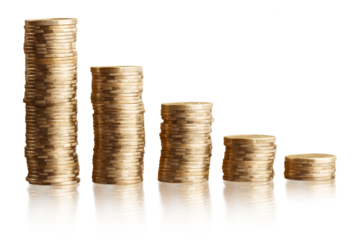 Stack of metal golden coins on the desk