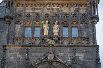 Sculptures at Old Town Bridge Tower at Charles Bridge with St. Procopius and St. Sigismund - Prague, Czech Republic.