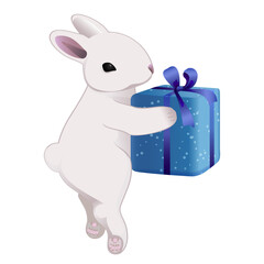 Cute, funny white easter bunny with gift box in wrapping paper and blue ribbon, holiday greetings design element, illustration for wallpaper, textile, packaging