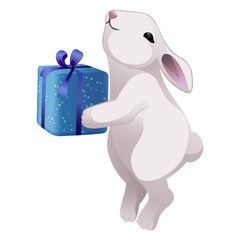 Cute, funny white easter bunny with gift box in wrapping paper and blue ribbon, holiday greetings design element, illustration for wallpaper, textile, packaging