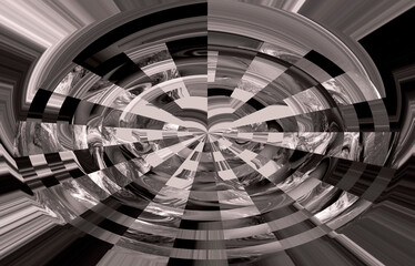 black and white abstract pattern in circular rings and starburst striped horizontal background