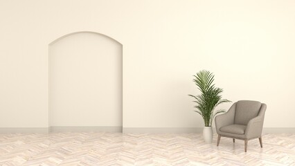 Armchair in a classic interior with an arch. The interior is flooded with light. Interior in light colors. Perspective. 3D render.