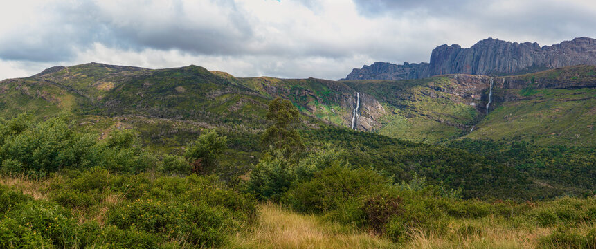 Waterfalls panorama under Andringitra massif as seen during trek to pic Boby peak