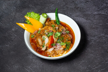 Spicy Beef karahi served in dish isolated on grey background top view of indian and bangladesh food
