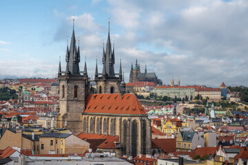 Aerial view of Church of Our Lady before Tyn with Prague Castle on background - Prague, Czech Republic