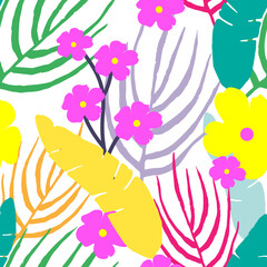 Colorful tropical leaves and flowers isolated on a white background. Seamless vector pattern.