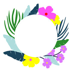 Round frame with tropical leaves and flowers isolated on a white background..