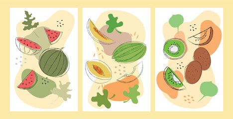 Set of handmade abstract drawing prints of watermelons, melons and kiwis. Design for posters, cards, wrappers and greeting cards. Drawings of fruits