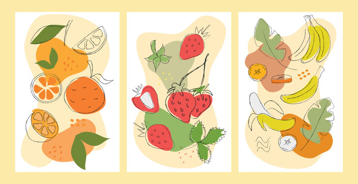 Set of handmade abstract drawings of oranges, strawberries and bananas. Design for posters, cards, wrappers and greeting cards. Drawings of fruits