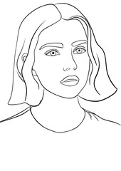 Illustration d’un portait d’une jeune fille aux cheveux mi-court. Dessin minimaliste au trait noir. Image lier à la femme, la mode et au cosmétique, icône de marque de luxe