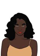 Illustration d’un portait d’une jeune fille brune, afro-américaine aux cheveux boucléDessin réaliste en couleur. Image lier à la femme, la mode et au cosmétique, icône de marque de luxe