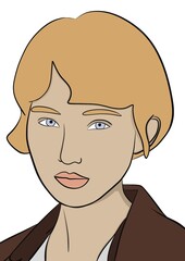 Illustration d’un portait d’une jeune fille blonde, asiatique aux cheveux mi-court avec une frange. Dessin réaliste en couleur. Image lier à la femme, la mode et au cosmétique, icône de marque de luxe