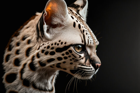 Extreme close up profile of a margay on a black background, copy space, Generative AI