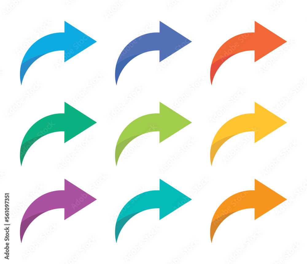 Poster Curved arrow icon vector set. Collection of colorful right direction arrows symbol design. Flat icon.