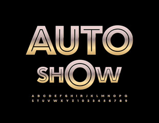 Vector modern flyer Auto Show. Industrial style set of metallic Alphabet Letters and Numbers. Chrome premium Font
