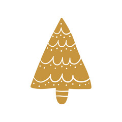 Hand drawn Christmas tree. Modern boho gold whimsical doodle illustration. 