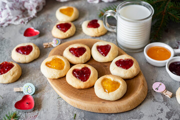 Sweet dessert: cookies with jam. Delicious cookies for lovers on Valentine's day. Delicious snack on March 8.