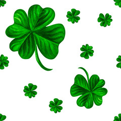 Watercolor hand drawn four leaf clover  seamless pattern for St. Patrick's Day for good luck. Element isolated on white background