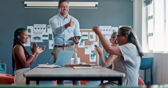Handshake, clapping and business people congratulations in startup meeting for success, goal and b2b welcome. Mission, leadership and shaking hands for promotion celebration of employee in workspace