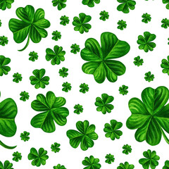 Watercolor hand drawn four leaf clover seamless pattern for St. Patrick's Day for good luck. Element isolated on white background