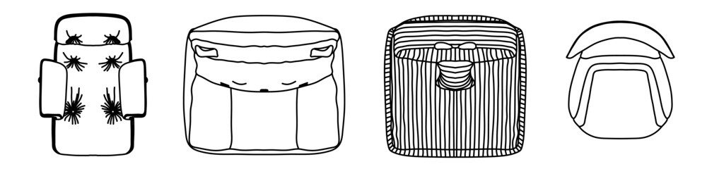 Concept or conceptual set or collection of armchairs from different perspectives isolated on white. Vector as a metahor for architecture and interior design, modern style, home and business