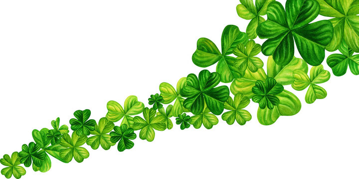 Watercolor hand drawn four leaf clover banner for St. Patrick's Day for good luck. Element isolated on white background