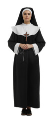 Young nun wearing cassock on white background