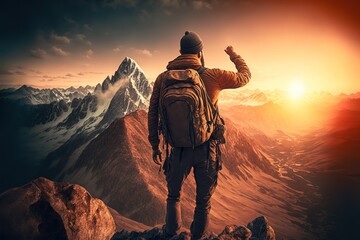 Successful man hiking mountains at sunset - Hiker with backpack pointing the sky with finger stock photo Determination, Decisions, Mountain, Strength, Climbing