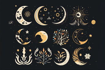 abstract stock flat graphic illustrations set with logo element bohemian astrology, moons in crescent