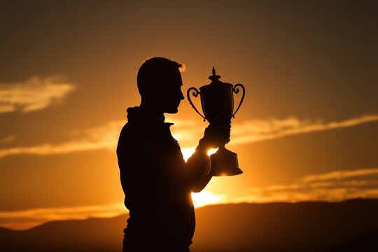 Silhouette of a man holding a trophy at sunset stock photo Success, Winning, Achievement, Award, Trophy - Award