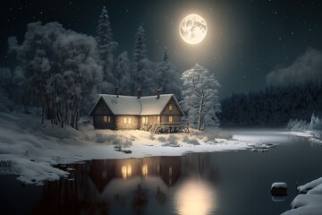 forest snow, lake, snowy house moon