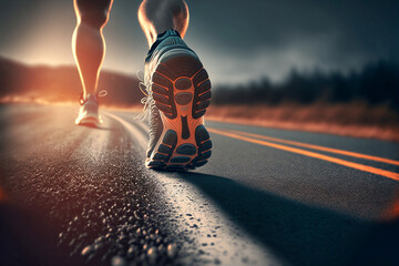 Nahaufnahme vom Sport Schuh eines Athleten beim joggen - Ai generiert - obrazy, fototapety, plakaty