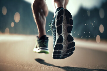 Obraz premium Nahaufnahme vom Sport Schuh eines Athleten beim joggen - Ai generiert