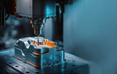 Fotobehang Metalworking CNC milling machine. Cutting metal modern processing technology. Small depth of field. Hi-technology machining concept.  © Jasinski