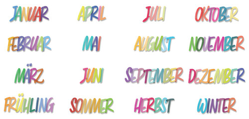 Monate und Jahreszeiten in bunten Buchstaben