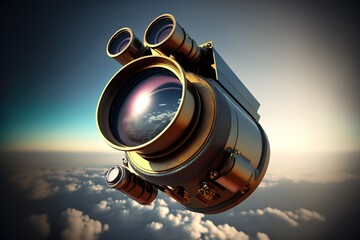 Metallic pay per view monocular pionting into the Sky stock photo Eyesight, Surveillance, Inspiration, Focus - Concept, High Angle View