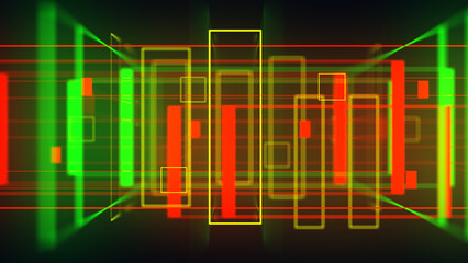 Colorful 3D geometrical neon space background VJ loop. Glossy colorful shapes