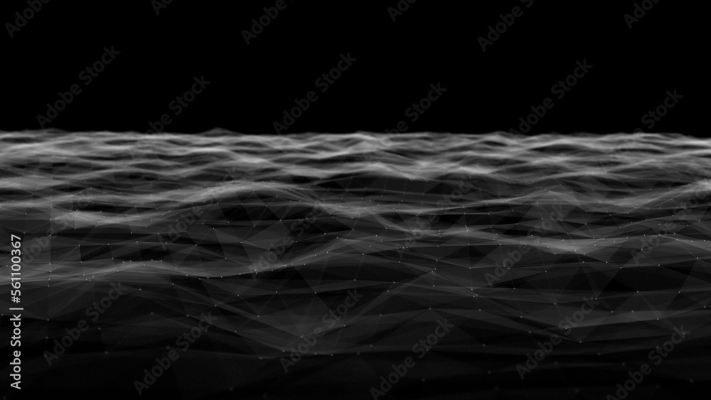 Poster Wave of digital particles on a black background. Abstract interlacing lines and points. Digital connection of elements. Simulation of the movement of small particles. 3D rendering.
