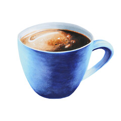 Watercolor strong americano illustration coffee in a porcelain cup. Hand painting on a white isolated background. For designers, menu, shop, bar, bistro, restaurant, for postcards, wrapping paper