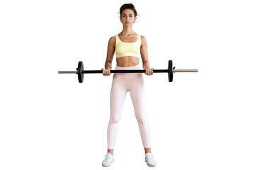 Fitness woman strong sports equipment barbell on transparent background.