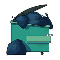 street, green color trash bin with black lid on wheels, filled with garbage bags and plastic bottles, vector illustration
