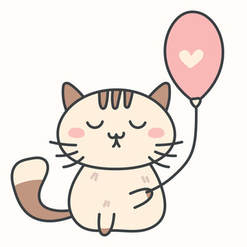 Cute vector cartoon cat holding a balloon with a heart.