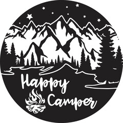 illustration of a landscape, Happy camper cabin, Adventure logo