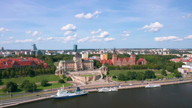 Summer panoramic cityscape of Szczecin, Zachodniopomorskie, Poland. Aerial view on the Muzeum Narodowe at the famous Wały Chrobrego promenade
