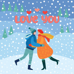 Flat hand drawn valentines day greeting card. Loving couple of young man and woman