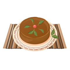 Chinese New Year dessert. Sweet rice pie with berry on wooden napkin. Asian traditional dish. Vector flat drawn illustration for restaurant dishes, menu, poster, flyer, banner, cooking concept