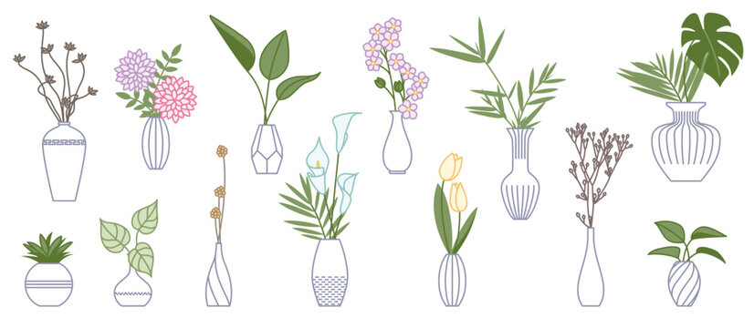 1347_Set of vases with bouquet of flowers and tropical leaves