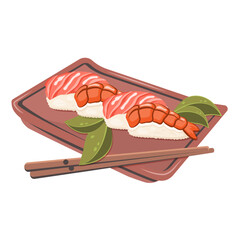 Asian Traditional food closeup. Japanese kawaii nigiri sashimi with fish, shrimp, seafood. Sushi on porcelain plate with chopsticks, leaves. Vector flat illustration for menu,  cooking concept