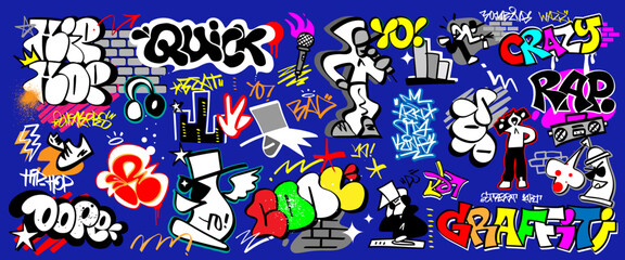 rap music, graffiti street style doodle set, vector cartoons design element
